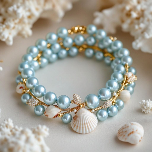 Sea inspired jewelry set, with different blue shades pearls and small shells and golden details