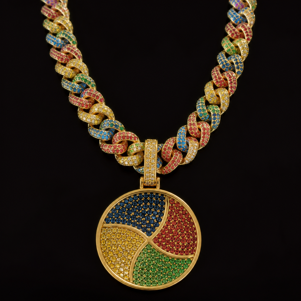 Cuban link chain with red blue yellow and green diamonds with C.O.I.N.S pendant
photorealistic jewelry design, Cuban link chain with red blue yellow and green diamonds with C.O.I.N.S pendant , just the design no text