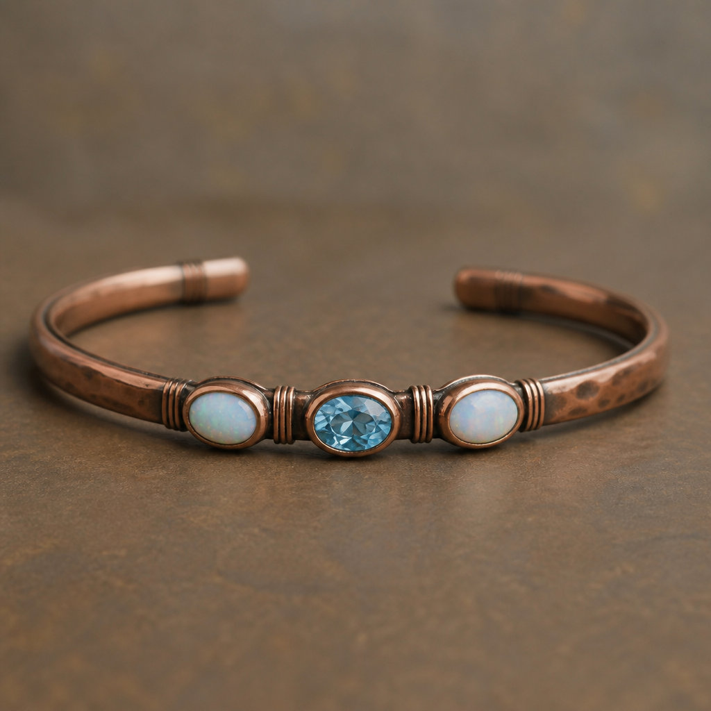 A minimalist men's bracelet made of copper with topaz and opal stones suitable for gift
photorealistic jewelry design, A minimalist men's bracelet made of copper with topaz and opal stones suitable for gift, minimalist style, just the design no text