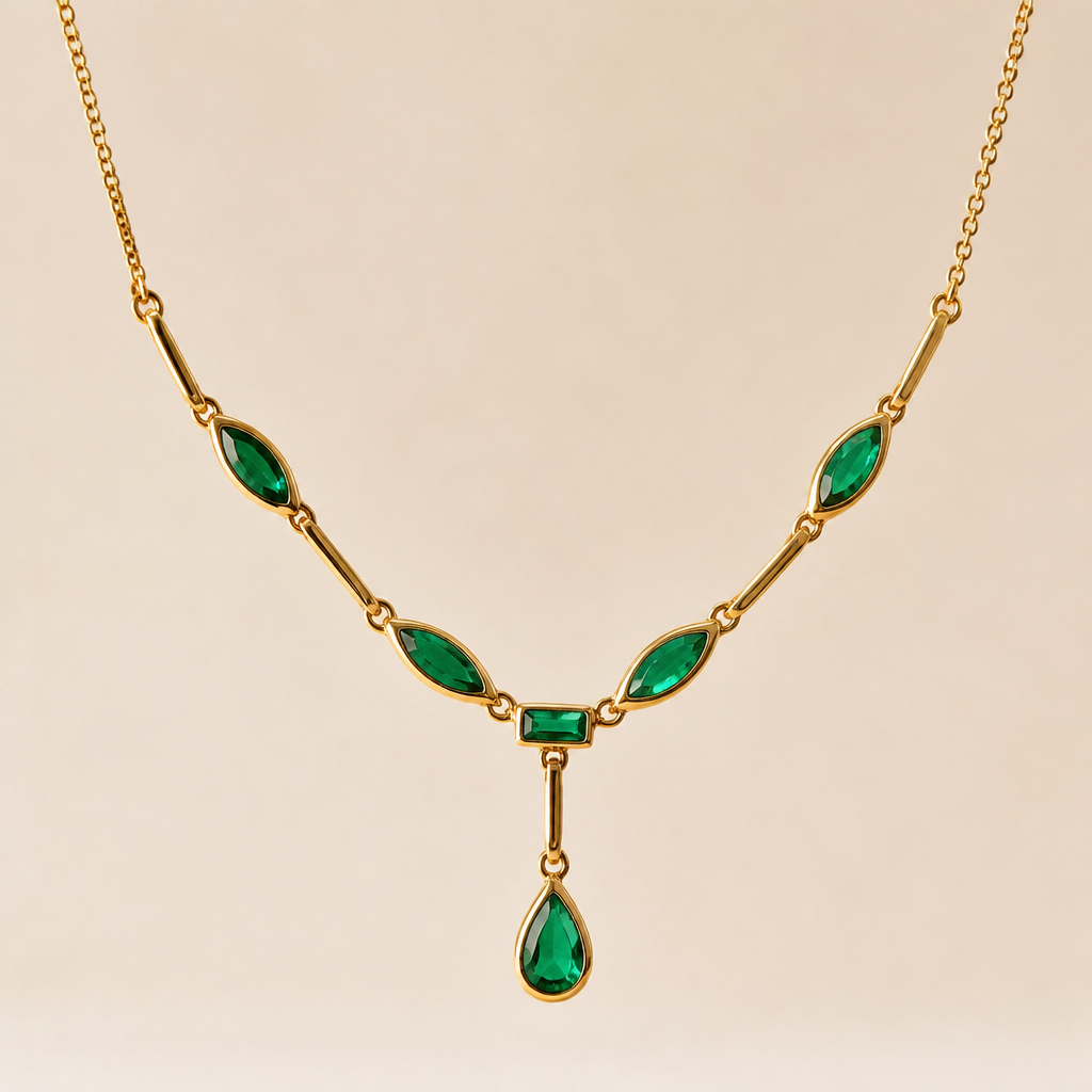 A modern women's necklace made of gold with emerald stones. collana
photorealistic jewelry design, A modern women's necklace made of gold with emerald stones. collana, modern style, just the design no text