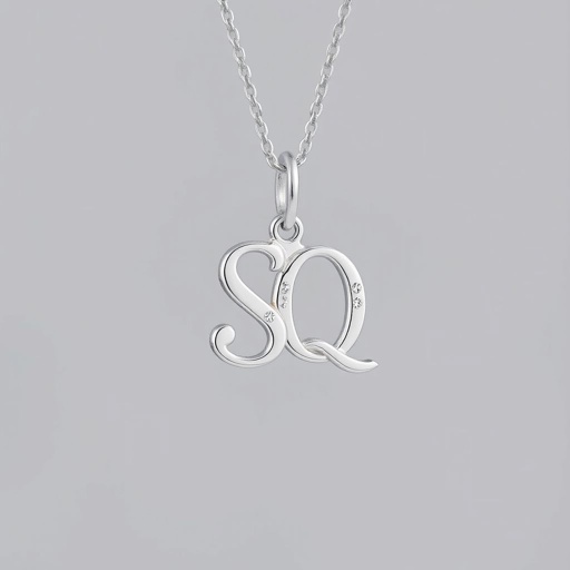 silver necklace with the pendant in conjoined letters SQ with white  stones. Make it cute and simple 