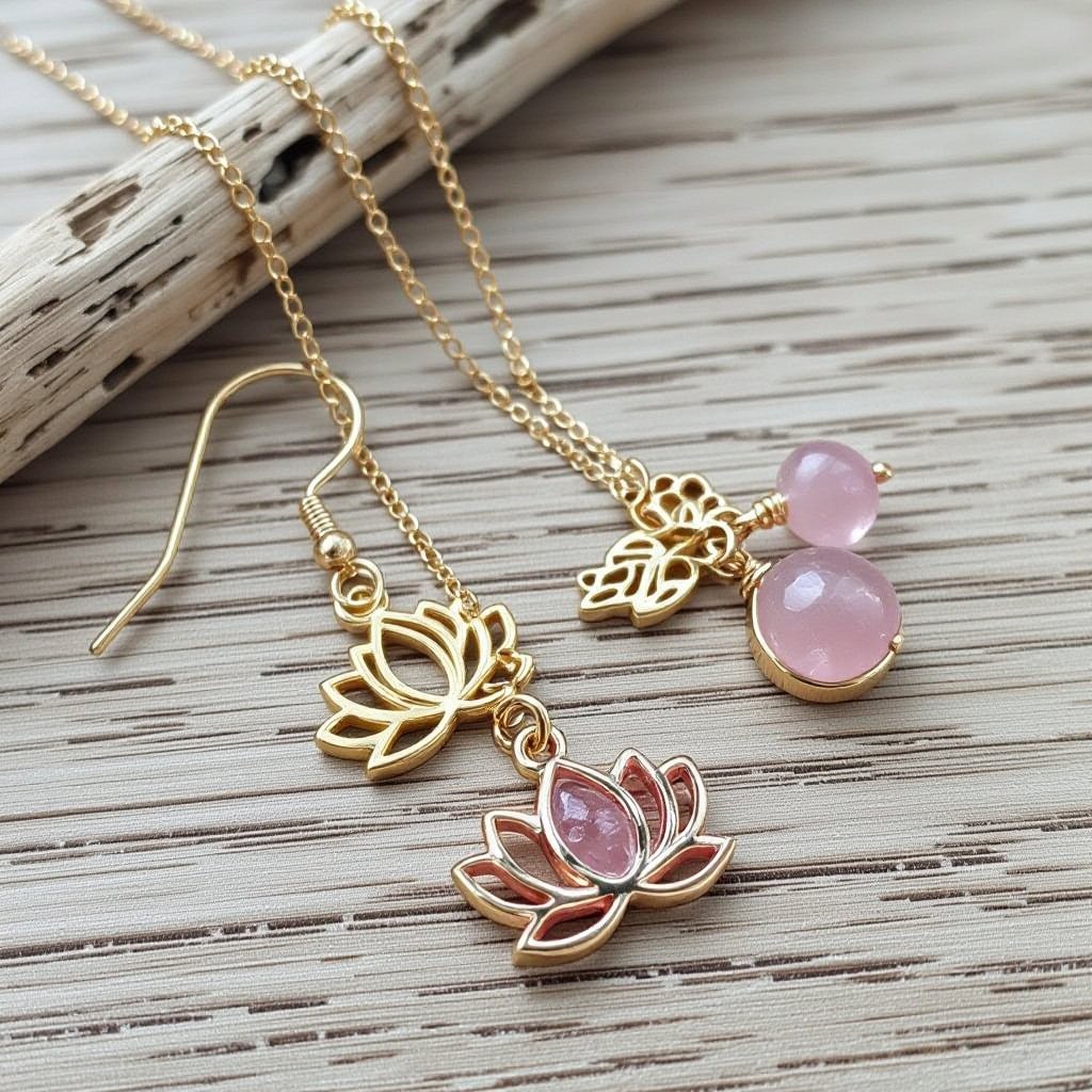 Светлое матовое золото. Серьги с лотосом на длинных цепочках. По центру лотоса неровный камень необрабаботанного розового кварца, от лотоса идет цепочка с еще одним камнем кварца на конце. Серьги тонкие и легкие