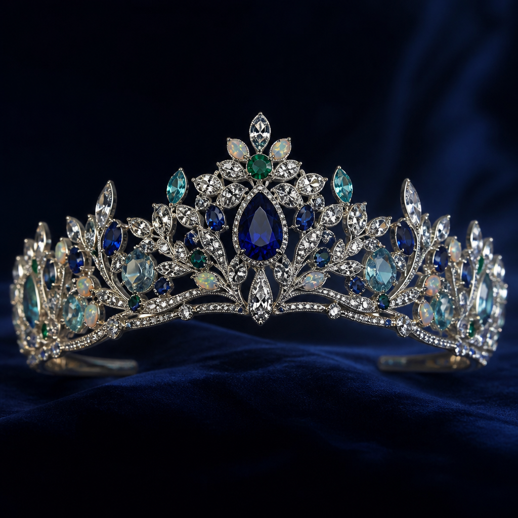 A women's tiara with sapphire and diamond and emerald and opal and aquamarine stones, highly ornate, intricate and elaborate, richly detailed
photorealistic jewelry design, A women's tiara with sapphire and diamond and emerald and opal and aquamarine stones, highly ornate, intricate and elaborate, richly detailed, modern style, just the design no text