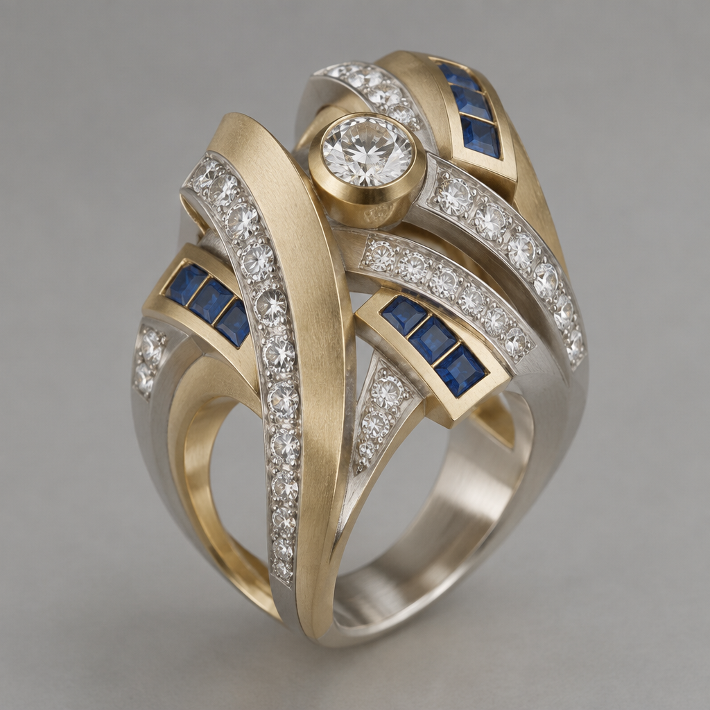 A statement women's ring made of mixed metal with diamond and sapphire stones. design ring using 33 .10 carat diamonds, 7 .10 carat square sapphires, and one .50 carat round diamond. metals should be white and yellow gold with a matte finish. do not cluster gems.
photorealistic jewelry design, A statement women's ring made of mixed metal with diamond and sapphire stones. design ring using 33 .10 carat diamonds, 7 .10 carat square sapphires, and one .50 carat round diamond. metals should be white and yellow gold with a matte finish. do not cluster gems., statement style, just the design no text