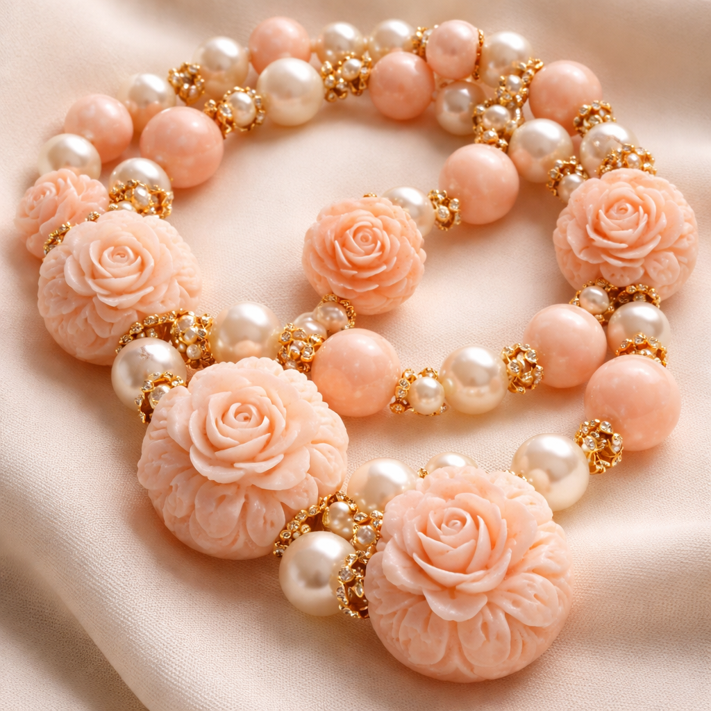 Angel skin coral round beads with carved floral angel skin beads and pearls beaded necklace
Angel skin coral round beads with carved floral angel skin beads and pearls beaded necklace
, statement style