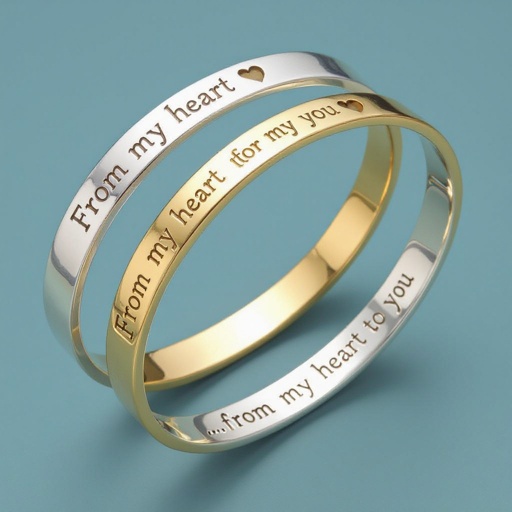 Two bracelets (one in silver, one in gold). 	•	Circular hollow shape (open in the middle). 	•	On the main face of the bracelet: the engraving “From my heart to you ❤️” in an elegant and luxurious font. 	•	On the lower edge (the hanging part): the phrase ”…from my heart to you” in a stylish, calligraphic font.