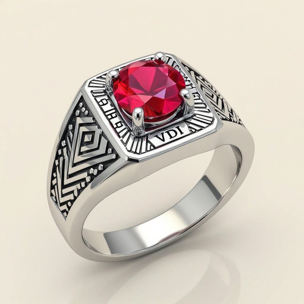 Red stone, silver, college class ring for women, VDI inscribed on the decor and under the stone