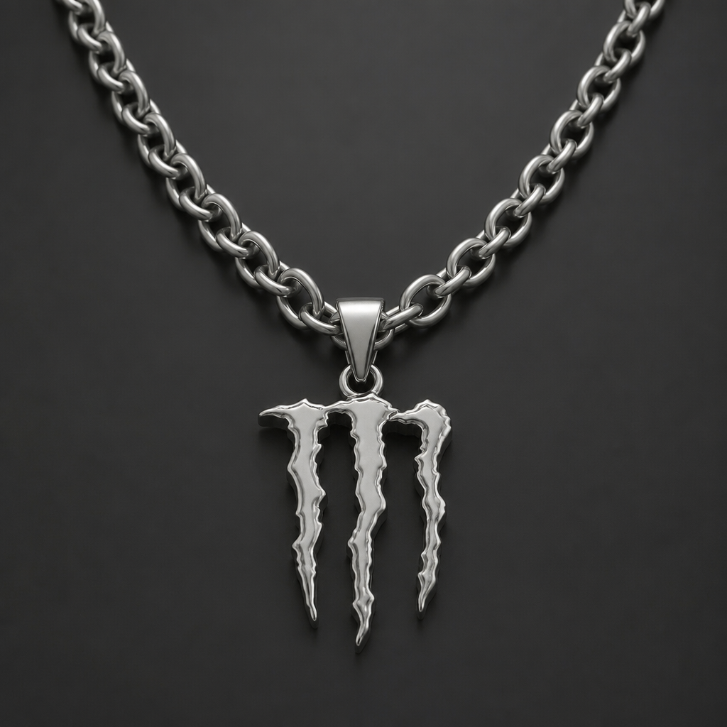 A minimalist women's necklace made of silver, detailed and decorative, moderately ornate. un dije de la M de Monster energy con una cadena gruesa
photorealistic jewelry design, A minimalist women's necklace made of silver, detailed and decorative, moderately ornate. un dije de la M de Monster energy con una cadena gruesa, minimalist style, just the design no text