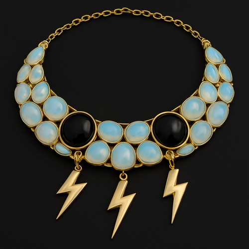 Opalite and onyx collar with yellow gold lightening bolts