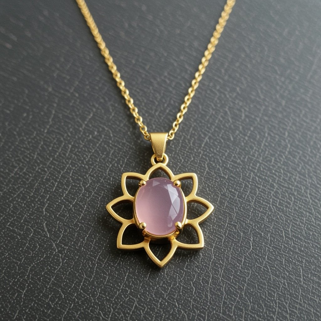 Золотая матовая цепочка. Подвеска матовая лотос шесть лепестков нижние лепестки крупнее верхних  не круглый . В сердце лотоса матовый розовый кварц овальный