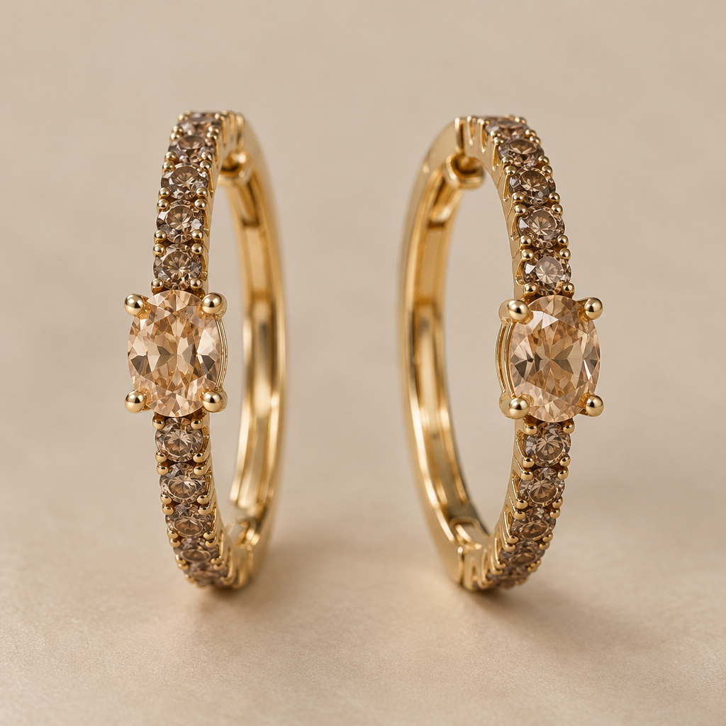 Hoop oval earrings with pave of brown diamonds 2 mm, length top to bottom 16 mm. Center stone 3.2 champagne diamond.
photorealistic jewelry design, Hoop oval earrings with pave of brown diamonds 2 mm, length top to bottom 16 mm. Center stone 3.2 champagne diamond., just the design no text