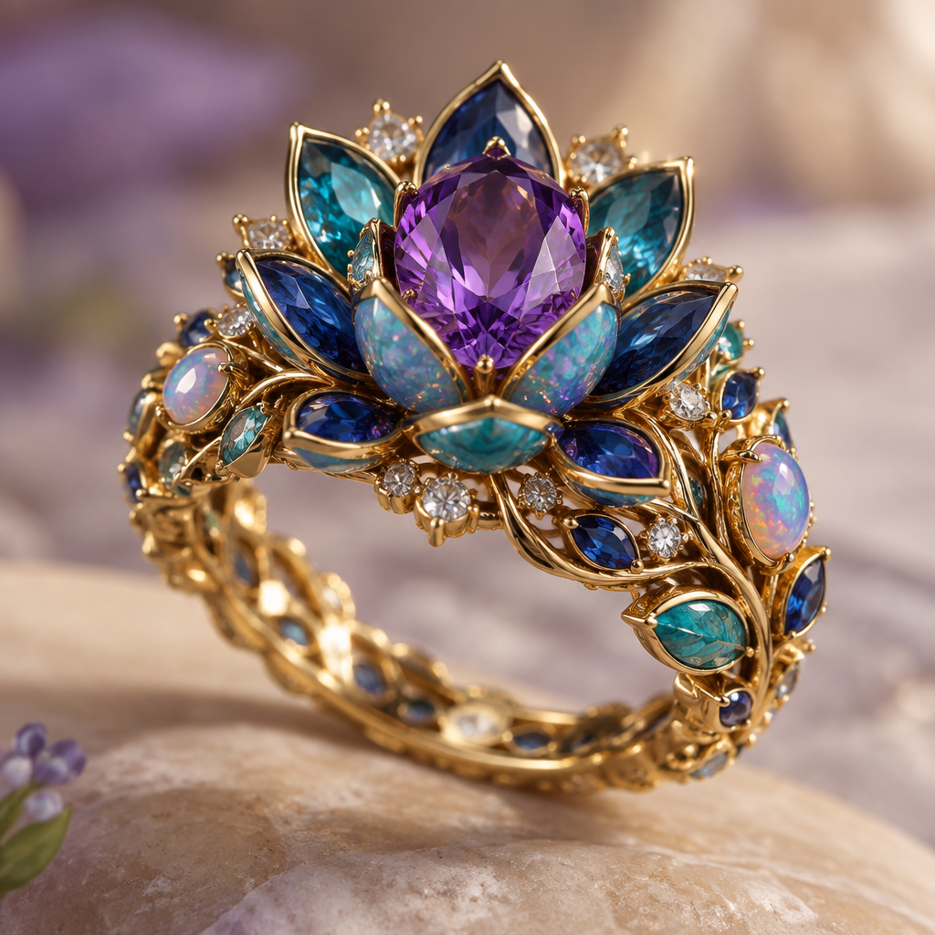 A gemstone-focused women's ring made of gold with sapphire and turquoise and amethyst and opal stones suitable for engagement, highly ornate, intricate and elaborate, richly detailed. un anillo en forma de flor de loto 🪷 en el centro una amatista y los pétalos zafiro mezclado con turquesa y para alrededor del dedo ramas de hojas y pero en el centro de la rama un toque de ópalo acompañado en el centro
photorealistic jewelry design, A gemstone-focused women's ring made of gold with sapphire and turquoise and amethyst and opal stones suitable for engagement, highly ornate, intricate and elaborate, richly detailed. un anillo en forma de flor de loto 🪷 en el centro una amatista y los pétalos zafiro mezclado con turquesa y para alrededor del dedo ramas de hojas y pero en el centro de la rama un toque de ópalo acompañado en el centro, gemstone_focused style, just the design no text