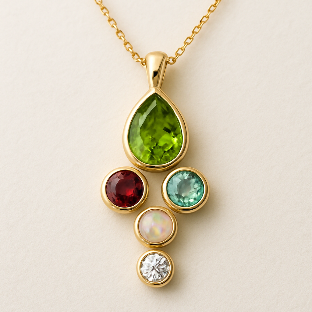 I want a pendant necklace. Large center teardrop August birthstone. Below the center, two birthstones placed horizontally for January and March. Below that is two birthstones placed vertically for October and April.