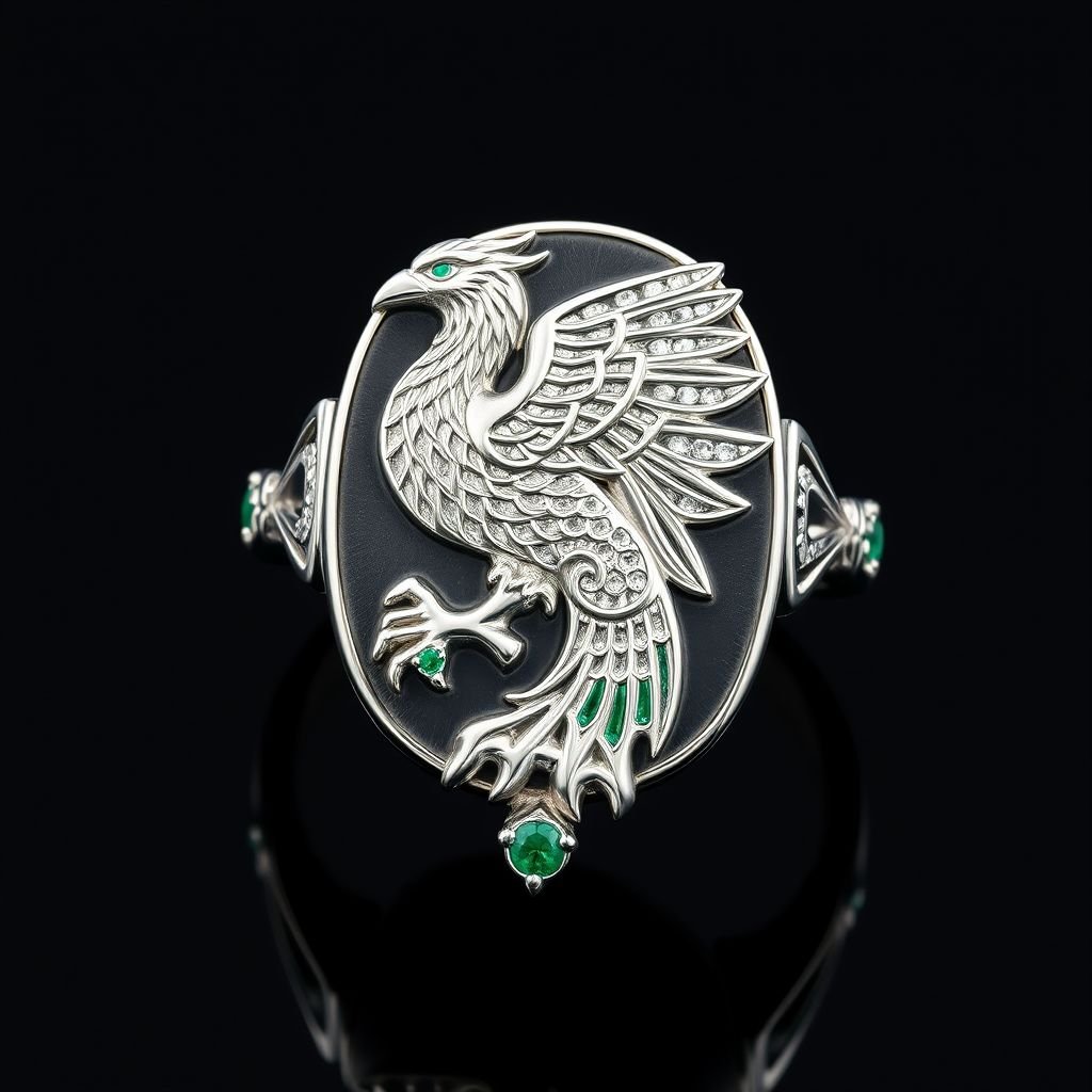 A platinum signet ring with phoenix printed on it for women 