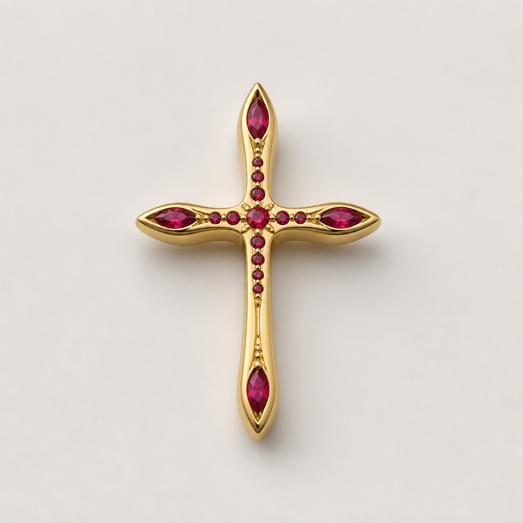 Dainty and feminine Gold cross with rubies, majority gold . Hidden bail
photorealistic jewelry design, Dainty and feminine Gold cross with rubies, majority gold . Hidden bail, contemporary style, just the design no text