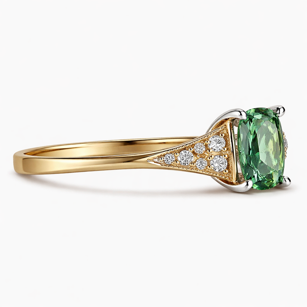 Side profile of A yellow gold 18 carat very thin band with a sharp angled edge ring. Central green sapphire in a n elongated cushion cut. Either side of the central sapphire are three very small diamonds on each side in a triangle formation with a bevelled edge border. The profile of the stones are raised higher with a bridge off the ring to accommodate a round wedding band underneath. All stones are held in place by four platinum pointy prongs.