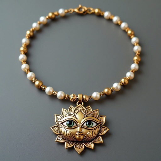 Кулон на длинной цепочке. Матовое светлое золото. В цепочке небольшие золотые шарики и жемчуг. Кулон в виде двух глаз над ними лотос узоры завитушки 