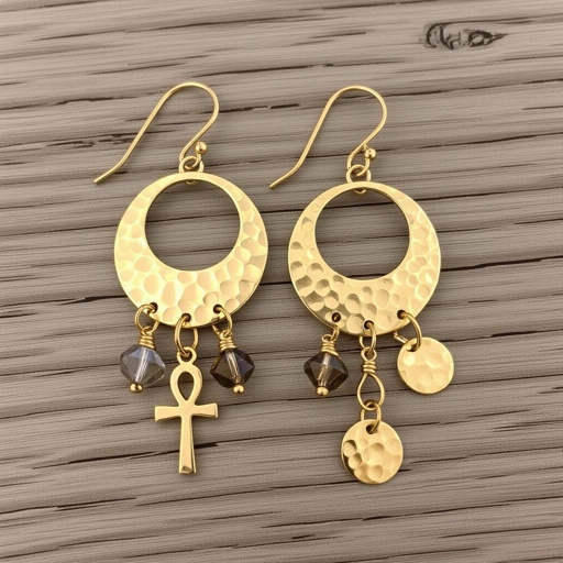 Золотые серьги словно мятое золото в форме узкого изящного полумесяца. Верхушка полумесяца крепится к застежке серьги. К нижней части полумесяца крепятся три подвески: миниатюрный золотой египетриский крест, очень маленький кристалл раухтопаза и маленький золотой кружочек с мятым эффектом плоский