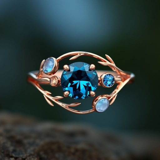 A simple rose gold engagement ring set with a circular alexandrite. Also set with a small half moon blue chalcedony on one side right next to it, and a small half moon moonstone set on the other side right next to it. On the inside of the band, it has an inscription reading, “Tuum. Et in hac vita et in altera.”