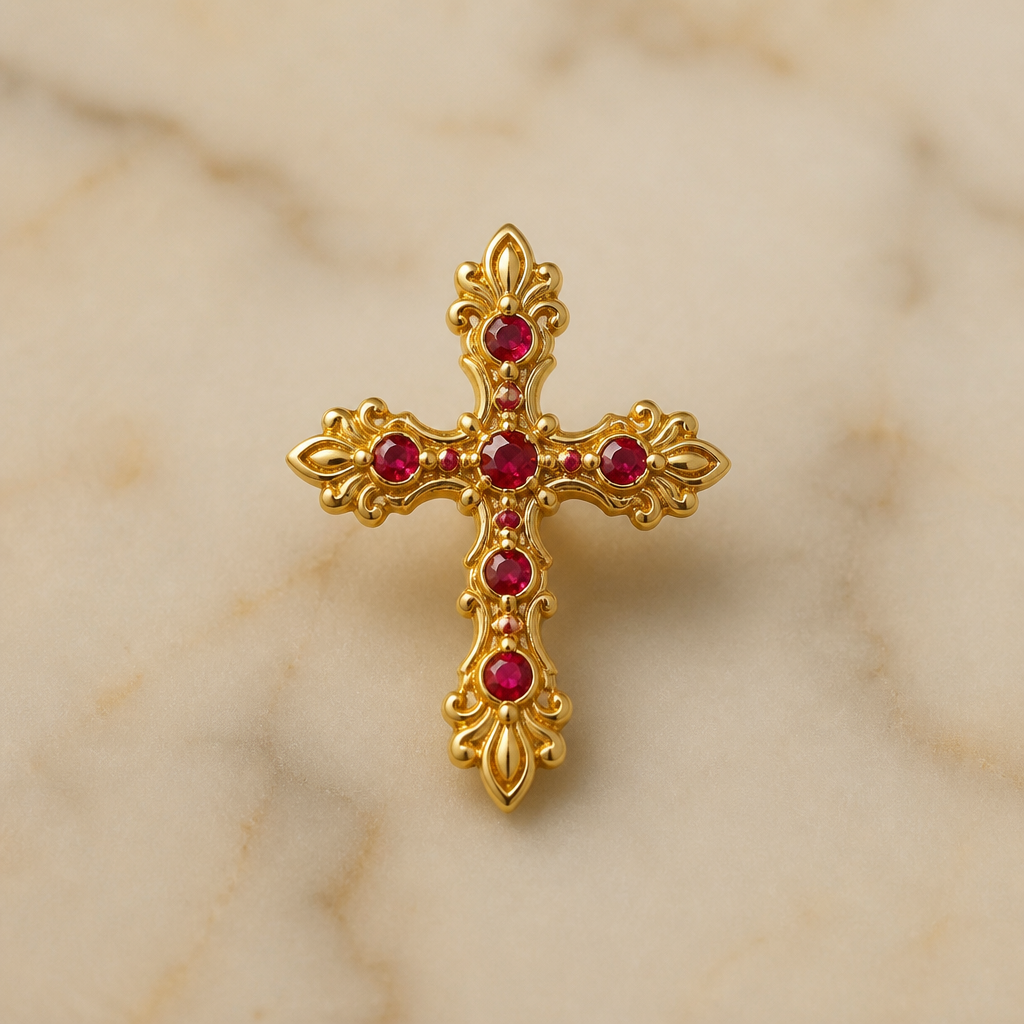 Dainty and feminine Gold cross with rubies, majority gold . Hidden bail
photorealistic jewelry design, Dainty and feminine Gold cross with rubies, majority gold . Hidden bail, bespoke style, just the design no text