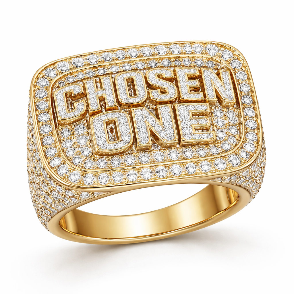 Diamond yellow gold, thin bottom and thick square top, saying chosen one through the front of the ring with a rounded edge square design and big, which will fit my pinky and look big and fit tight