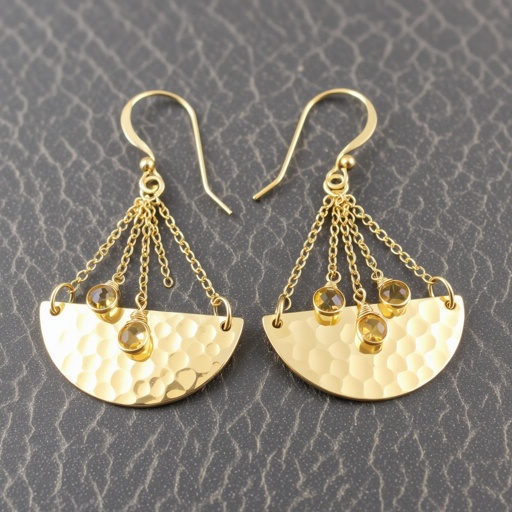 Золотые серьги словно мятое золото в форме узкого изящного полумесяца. Верхушка полумесяца крепится к застежке серьги.  От полумесяца идет три цепочки, у каждой на конце мелкий камушек цитрин