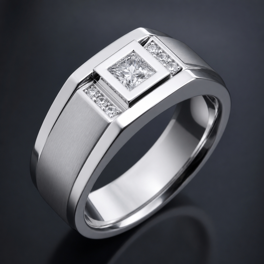 A modern men's ring made of silver with diamond stones
photorealistic jewelry design, A modern men's ring made of silver with diamond stones, modern style, just the design no text
