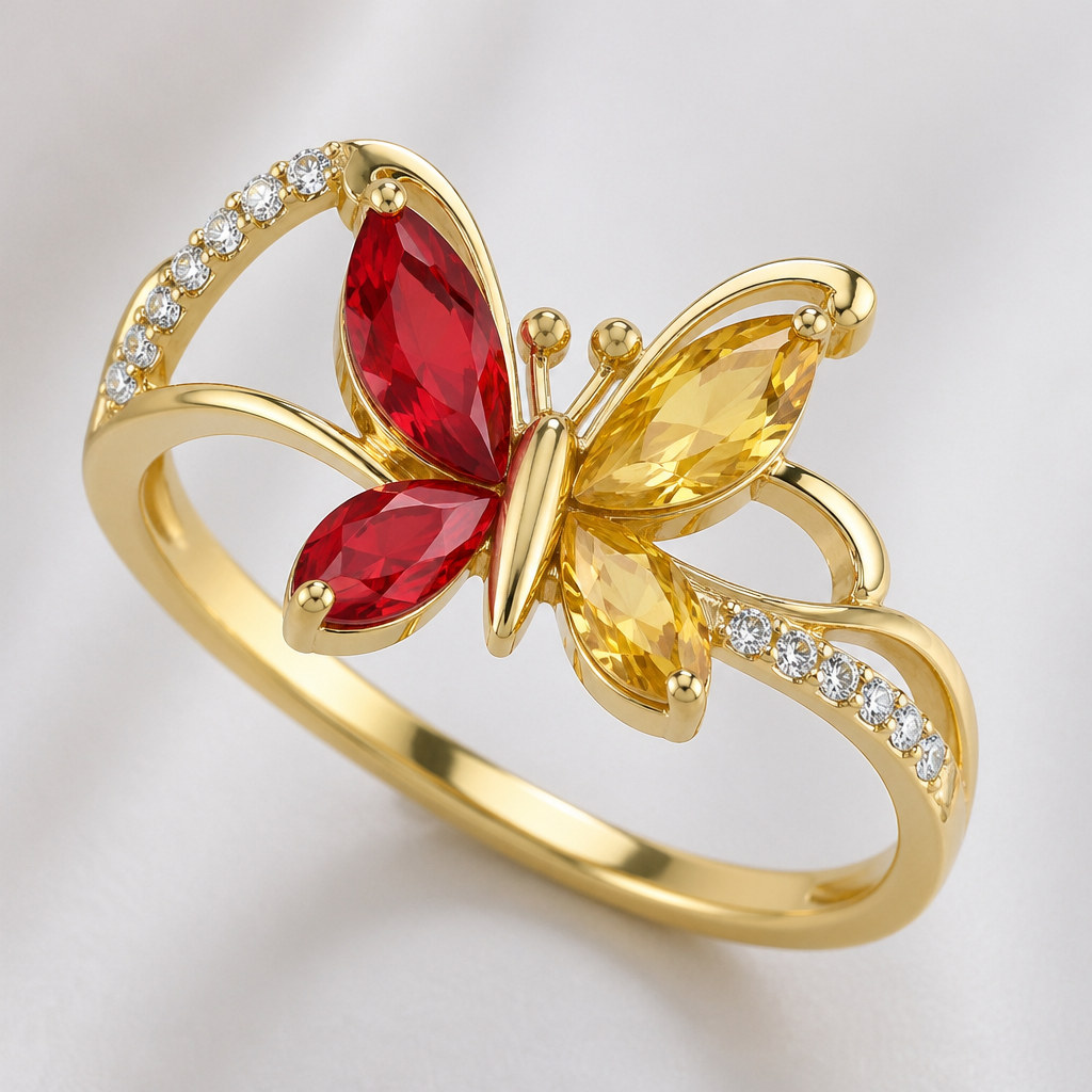 A women's ring. sarcillo de maripasa un color rojo y amarillo y blanco
photorealistic jewelry design, A women's ring. sarcillo de maripasa un color rojo y amarillo y blanco, modern style, just the design no text