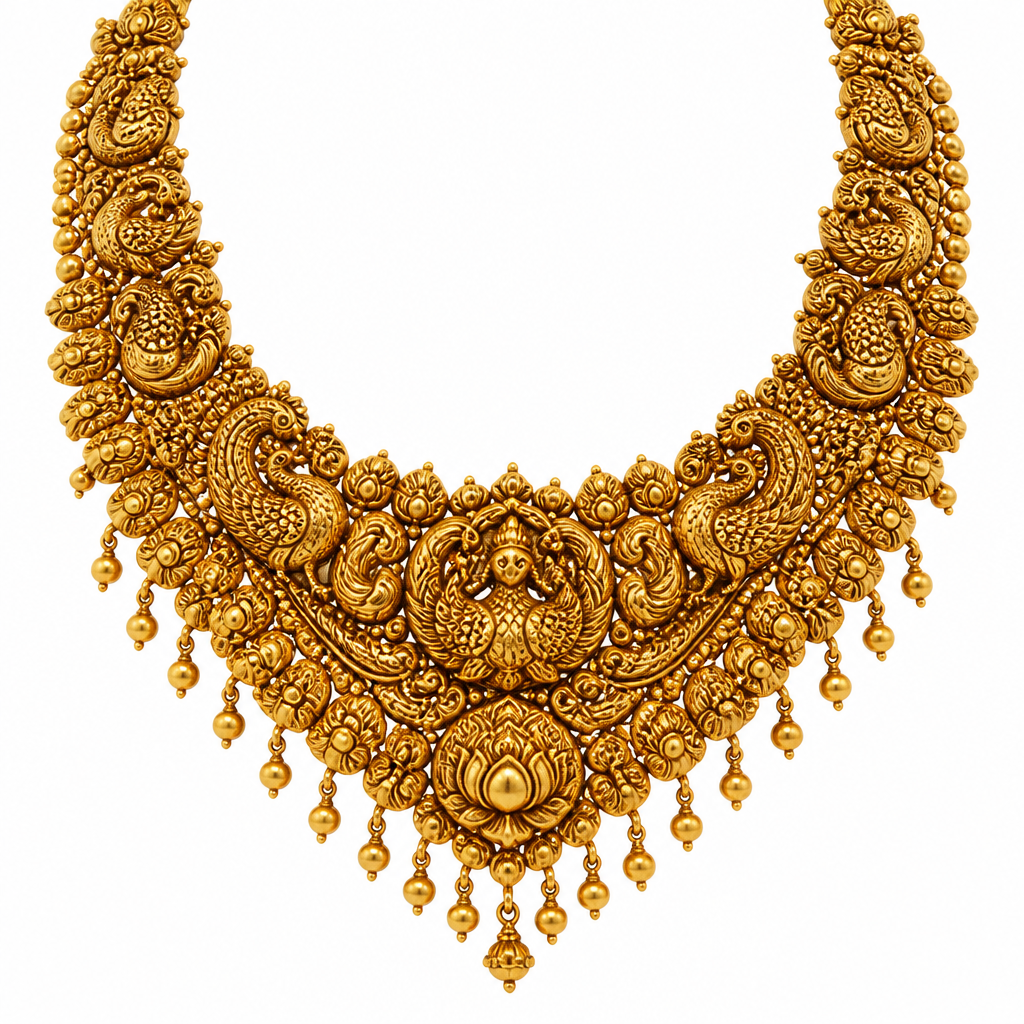 Create an ultra-luxury 22K pure gold South Indian heritage necklace. The design should feature intricate peacock motifs, lotus blooms, mango (paisley) patterns, traditional gold beads, delicate hanging gold drops, and rich handcrafted filigree work. No goddess faces or deity figures. Inspired by royal South Indian temple jewelry, the necklace should have a majestic layered structure with antique gold finishing, deep carvings, and exceptional craftsmanship. Elegant, regal, and timeless, suitable for bridal and festive wear. The design should look like an heirloom masterpiece from a prestigious South Indian jewelry house. Professional jewelry photography, realistic 22K gold texture, white background, luxury showroom quality, ultra-detailed 4K render.
photorealistic jewelry design, Create an ultra-luxury 22K pure gold South Indian heritage necklace. The design should feature intricate peacock motifs, lotus blooms, mango (paisley) patterns, traditional gold beads, delicate hanging gold drops, and rich handcrafted filigree work. No goddess faces or deity figures. Inspired by royal South Indian temple jewelry, the necklace should have a majestic layered structure with antique gold finishing, deep carvings, and exceptional craftsmanship. Elegant, regal, and timeless, suitable for bridal and festive wear. The design should look like an heirloom masterpiece from a prestigious South Indian jewelry house. Professional jewelry photography, realistic 22K gold texture, white background, luxury showroom quality, ultra-detailed 4K render., byzantine style, just the design no text