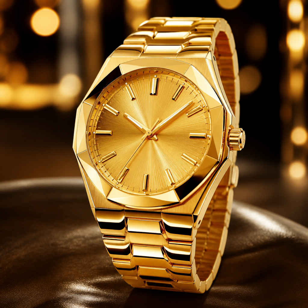 A modern men's watch made of gold suitable for party. Like a heavy and full shine in 916
photorealistic jewelry design, A modern men's watch made of gold suitable for party. Like a heavy and full shine in 916, modern style, just the design no text
