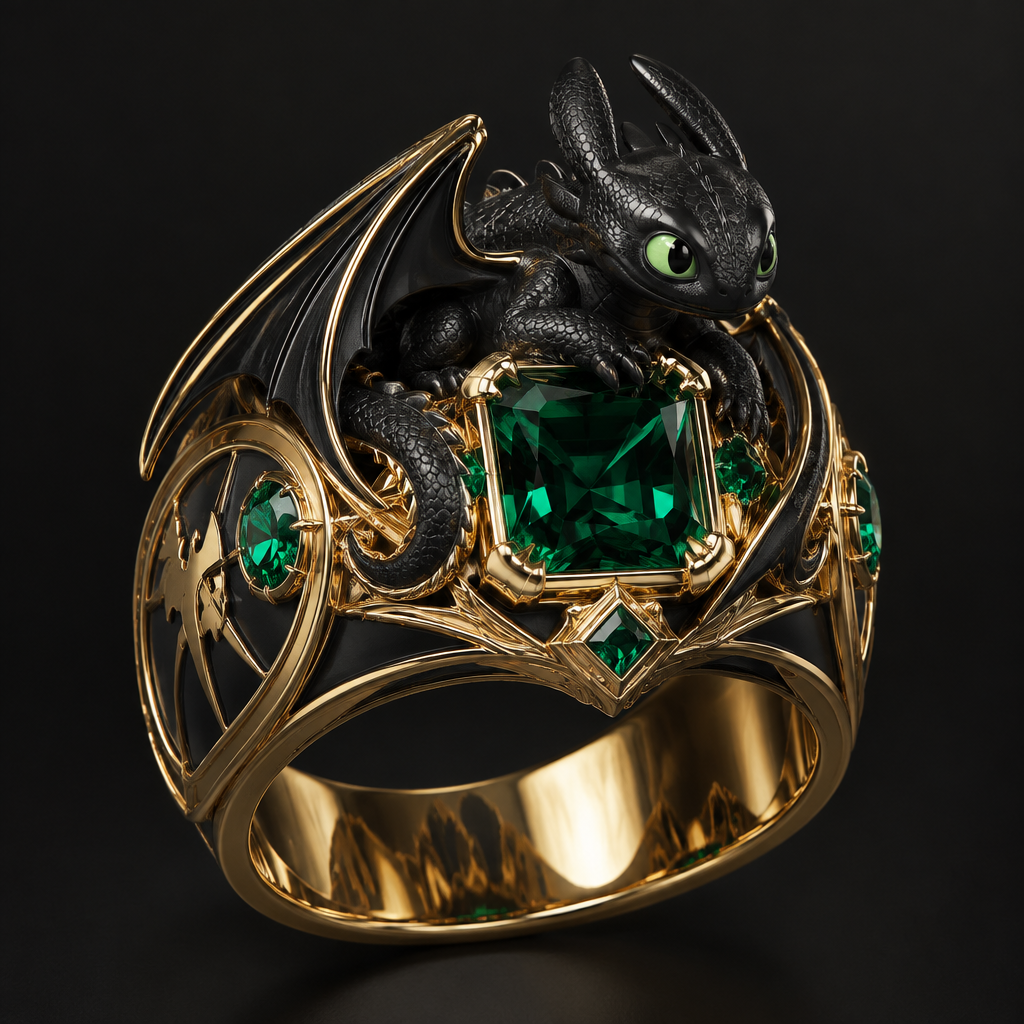 A men's ring made of gold with emerald stones, highly ornate, intricate and elaborate, richly detailed. Quiero un diseño de anillo que sea de graduacion de primaria en forma de el dragon chimuelo el furia nocturna que ponga Frank
photorealistic jewelry design, A men's ring made of gold with emerald stones, highly ornate, intricate and elaborate, richly detailed. Quiero un diseño de anillo que sea de graduacion de primaria en forma de el dragon chimuelo el furia nocturna que ponga Frank, modern style, just the design no text
