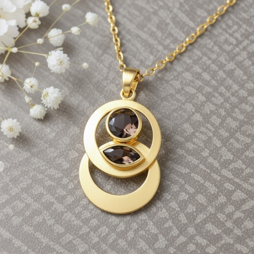 Подвеска из трех полумесяцев с узорами и камнями раухтопаза из матового неровного светлого золота с узорами соединенных цепочкой сверху самый широкий полукруг дальше средний и снизу самый маленький