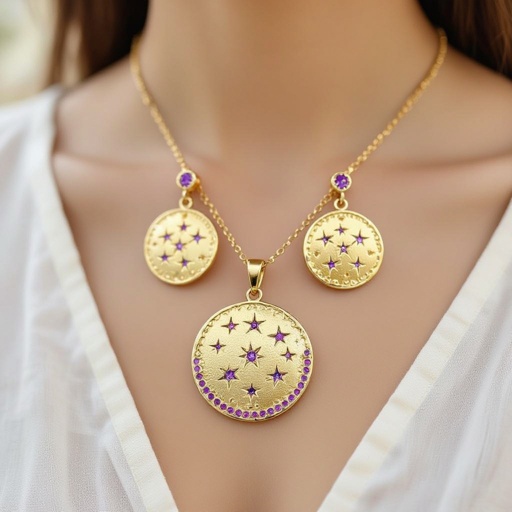 Серьги и кулон в одном стиле. Светлое матовое состаренное мятое золото. На круге изобрежены созвездия. Очень маленькие сиреневые камушки. 