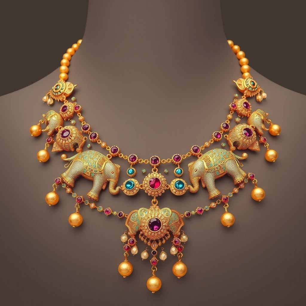 I want heritage Jewllery which are include figure like elephant,jadau birds and many more animal and flower and it’s kundan jewllery and make necklace style which easy to wear in neck and down side of necklace small gola balls which are included small small gughari ball you have to make with kundan piece which are Heydrabadi kundan 