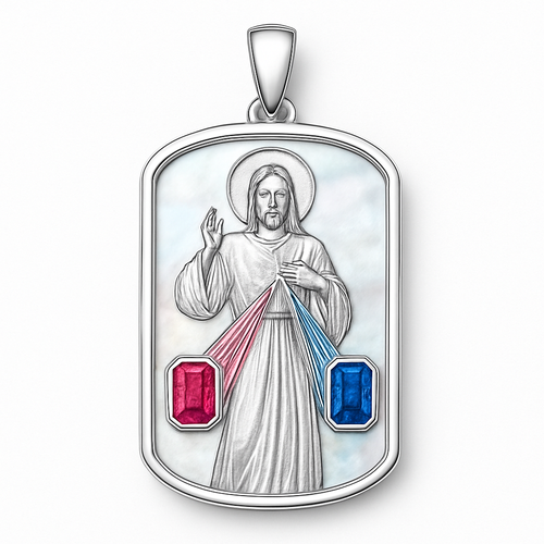 Sterling silver Divine mercy of Jesus dog tag pendant with a mother of pearl background and ruby coming from one side and blue sapphire on the other