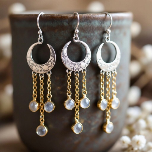 Серебряные серьги словно мятое серебро в форме полумесяца вертикальныйсверху крепится к швензе. От полумесяца идет три цепочки золотого цвета, у каждой на конце мелкий камушек лунный камень