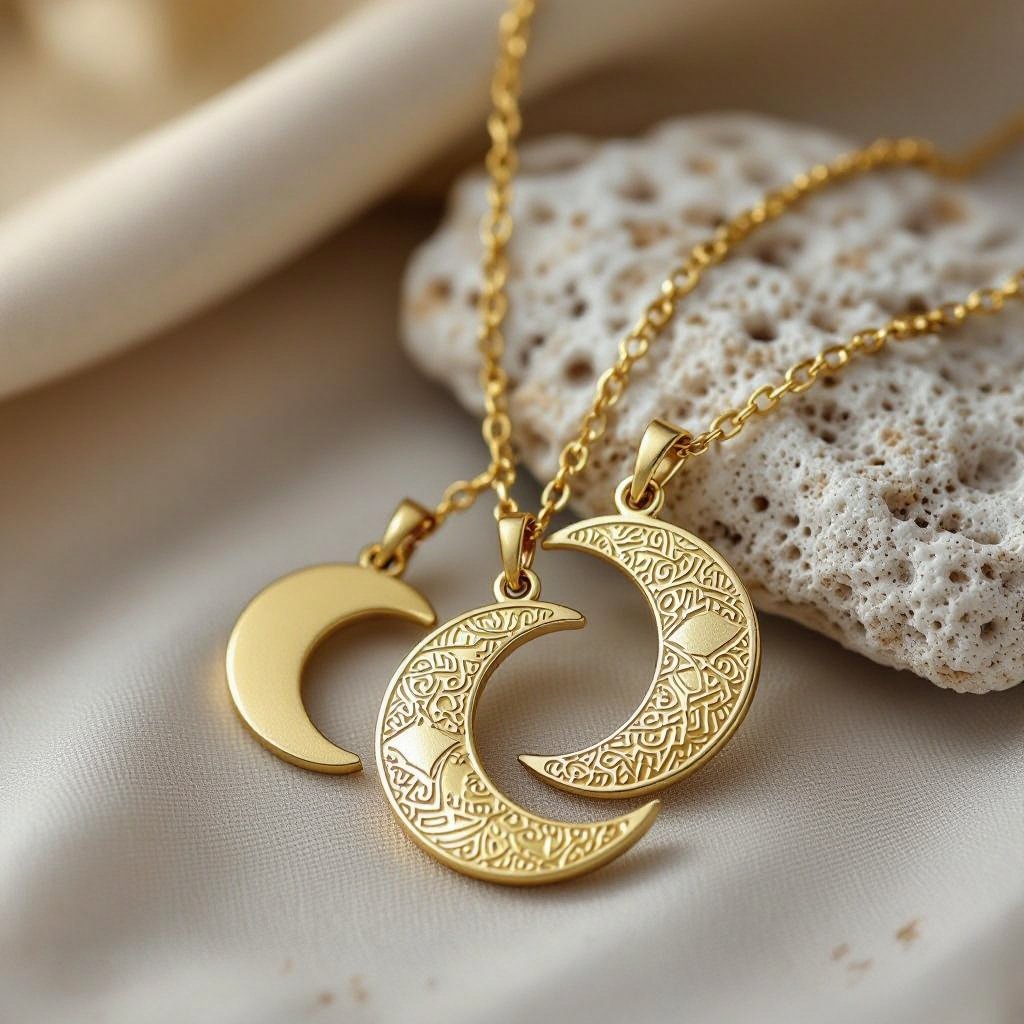 Подвеска из трех полумесяцев из матового неровного светлого золота с узорами соединенных цепочкой сверху самый широкий полукруг дальше средний и снизу самый маленький