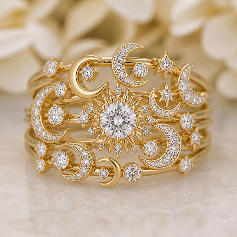 Give me multiple crescent, moon, designs, in different directions and with different styles and placements
edit the attached jewelry design with these instructions: Give me multiple crescent, moon, designs, in different directions and with different styles and placements. keep it photorealistic, just the design no text