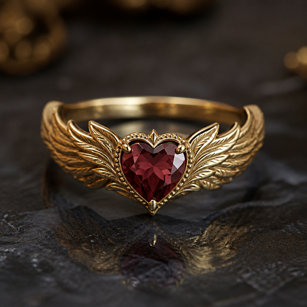 A mythological women's ring made of gold with garnet stones suitable for gift. une bague Fine avec deux ailes entourant la Pierre taillée en coeur
photorealistic jewelry design, A mythological women's ring made of gold with garnet stones suitable for gift. une bague Fine avec deux ailes entourant la Pierre taillée en coeur, mythological style, just the design no text