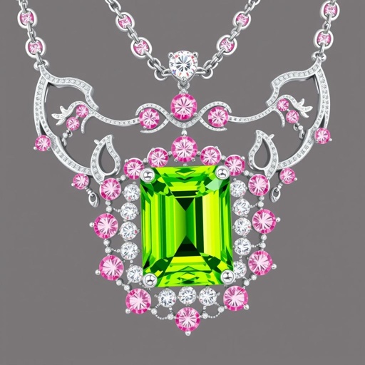 20 carat green periot and pink diamond gemstones emeral cut FL IF clarity necklace