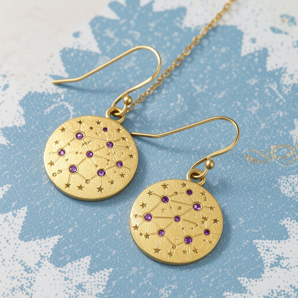 Серьги и кулон в одном стиле. Светлое матовое состаренное мятое золото. На круге изобрежены созвездия. Очень маленькие сиреневые камушки. 