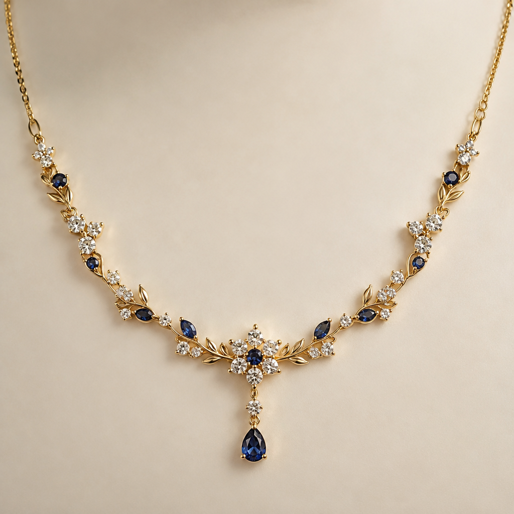Yellow gold necklace. Diamond and small sapphires
photorealistic jewelry design, Yellow gold necklace. Diamond and small sapphires , romantic style, just the design no text