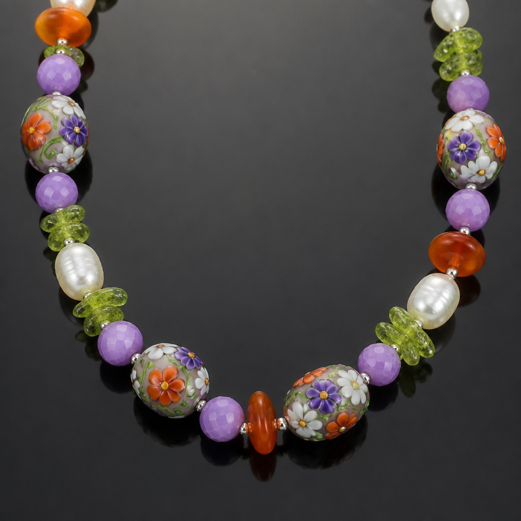 Lamp work beads with orange white purple flowers with green vines 14mm x 8mm, lavender faceted opaque crystals 7.5mm rounds, potato shaped white freshwater pearls 9mm, peridot chips 7.5mm, orange carnelian rondels 9.5mm x 5mm necklace
photorealistic jewelry design, Lamp work beads with orange white purple flowers with green vines 14mm x 8mm, lavender faceted opaque crystals 7.5mm rounds, potato shaped white freshwater pearls 9mm, peridot chips 7.5mm, orange carnelian rondels 9.5mm x 5mm necklace , luxury style, just the design no text