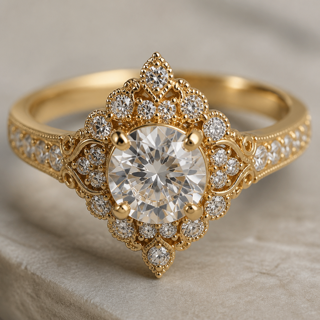 A royal women's ring made of gold with diamond stones suitable for engagement
photorealistic jewelry design, A royal women's ring made of gold with diamond stones suitable for engagement, royal style, just the design no text
