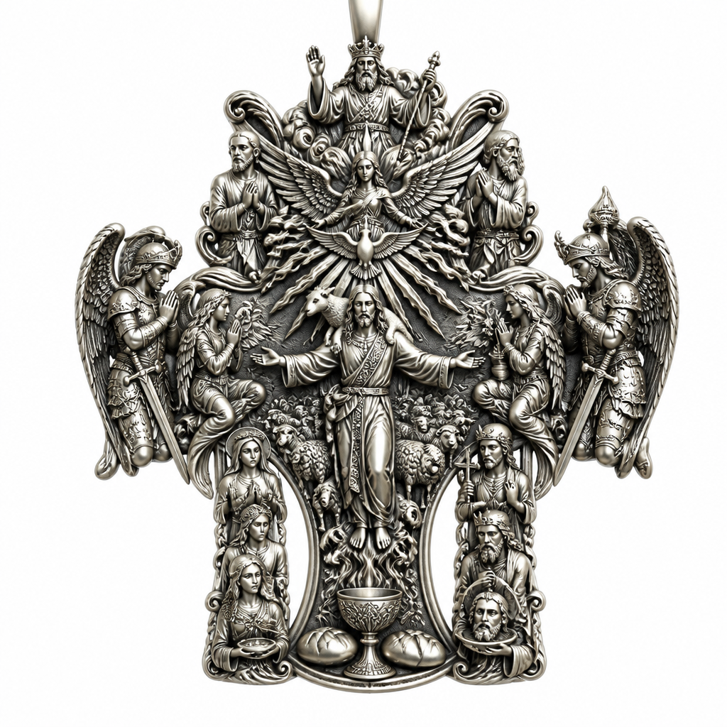 A avant-garde women's pendant made of silver suitable for festival. An extraordinary excellent beautiful delicate and elegant, super modern Cross, without stones, without background only the Cross, with Jesus Christ as the Good Shepherd with a beautiful delicate and elegant face, with long hair, with a beautiful delicate elegant and fit body, with His hands wide open to receive all of us, with a beautiful delicate elegant and beautifully ornated tunic, with a beautiful delicate and elegant sheep on His shoulders, with a beautiful delicate and elegant flock of beautiful delicate and elegant sheep backward of Him. Over Jesus Christ and the flock to be placed the Holy Spirit as an Angel with a beautiful delicate and elegant face, with long hair, with big wings flying, with a beautiful delicate elegant and fit body, with a beautiful delicate elegant and beautifully ornated tunic under the Angel to be placed a beautiful delicate and elegant dove flying both of them the Angel and the dove to be surrounded by tongues of fire radiating light to Jesus Christ and the flock. Over the Holy Spirit to be placed God the Father with a beautiful delicate and elegant face, with long hair, with a beautiful delicate elegant and fit body, with a beautiful delicate and elegant tunic, with a beautiful delicate and elegant sceptre at His left hand blessing the world with His right hand, with a beautiful delicate elegant and beautifully ornated crown on His head. At the bottom of the Cross to be placed the Holy Communion with a beautiful delicate elegant and beautifully ornated chalice and two breads around the chalice. At the lower right side of the Cross to be stacked one by one Saint John the Baptist with a beautiful delicate elegant and beautifully ornated platter with his head on it. Over Saint John the Baptist to be placed Saint Constantine with a beautiful delicate and elegant face, with long hair, with a beautiful delicate and elegant crown on his head, with a beautiful delicate elegant and fit body, with a beautiful delicate and elegant armour holding a beautiful delicate elegant and beautifully ornated Cross. Over Saint Constantine to be placed Saint George with a beautiful delicate and elegant face, with long hair, with a beautiful delicate elegant and beautifully ornated helmet with a beautiful delicate elegant and fit body, with a beautiful delicate elegant and beautifully ornated armour, holding a beautiful delicate and elegant sword with his right hand at low position and near the floor giving respect to the Holy Trinity and Praying. Over Saint George to be placed Saint Peter the Apostle Praying. At the left lower side of the Cross to be placed stacked Saint Paraskevi with a beautiful delicate and elegant face, with long hair, with a beautiful delicate elegant and beautifully curved body, with a beautiful delicate elegant and beautifully ornated tunic holding a bowl with two eyes in it. Over Saint Paraskevi to be placed Saint Irene with a beautiful delicate and elegant face, with long hair, with a beautiful delicate elegant and beautifully ornated wreath on her head, with a beautiful delicate elegant and beautifully curved body, with a beautiful delicate elegant and beautifully ornated tunic Praying. Over Saint Irene to be placed Virgo Maria with a beautiful delicate and elegant face, with beautifully ornated long hair, with a beautiful delicate elegant and beautifully curved body, with a beautiful delicate elegant and beautifully ornated tunic Praying. Over Virgo Maria to be placed Saint Paul the Apostle Praying. At the right side of the Cross to be placed Saint Michael the Archangel with a beautiful delicate and elegant face, with long hair, with a beautiful delicate elegant and beautifully ornated helmet, with a beautiful delicate elegant and fit body, with big wings flying, with a beautiful delicate elegant and beautifully ornated armour, holding His beautiful delicate elegant and beautifully ornated sword low to the ground giving respect to the Holy Trinity and Praying. In front of Saint Michael the Archangel to be placed Saint Gabriel the Archangel with a beautiful delicate and elegant face, with long hair, with a beautiful delicate elegant and beautifully ornated helmet on His head, with a beautiful delicate elegant and fit body, with big wings flying, with a beautiful delicate elegant and beautifully ornated armour, holding a beautiful delicate elegant and beautifully ornated bucket of lilyes and Praying. At the left side of the Cross to be placed Saint Rafael the Archangel with a beautiful delicate and elegant face, with long hair, with a beautiful delicate elegant and beautifully ornated helmet, with a beautiful delicate elegant and fit body, with big wings flying, with a beautiful delicate elegant and beautifully ornated armour, holding a beautiful delicate elegant and beautifully ornated sword with his right hand low giving respect to the Holy Trinity and Praying. In front of Saint Rafael the Archangel to be placed the Guardian Angel with a beautiful delicate and elegant face, with long hair, with a beautiful delicate elegant and beautifully ornated with flowers wreath on His head, with a beautiful delicate elegant and fit body, with a beautiful delicate elegant and beautifully ornated tunic Praying. Make all the Angels, the Saints, God the Father, the Holy Spirit and Jesus Christ and the flock as statues.
photorealistic jewelry design, A avant-garde women's pendant made of silver suitable for festival. An extraordinary excellent beautiful delicate and elegant, super modern Cross, without stones, without background only the Cross, with Jesus Christ as the Good Shepherd with a beautiful delicate and elegant face, with long hair, with a beautiful delicate elegant and fit body, with His hands wide open to receive all of us, with a beautiful delicate elegant and beautifully ornated tunic, with a beautiful delicate and elegant sheep on His shoulders, with a beautiful delicate and elegant flock of beautiful delicate and elegant sheep backward of Him. Over Jesus Christ and the flock to be placed the Holy Spirit as an Angel with a beautiful delicate and elegant face, with long hair, with big wings flying, with a beautiful delicate elegant and fit body, with a beautiful delicate elegant and beautifully ornated tunic under the Angel to be placed a beautiful delicate and elegant dove flying both of them the Angel and the dove to be surrounded by tongues of fire radiating light to Jesus Christ and the flock. Over the Holy Spirit to be placed God the Father with a beautiful delicate and elegant face, with long hair, with a beautiful delicate elegant and fit body, with a beautiful delicate and elegant tunic, with a beautiful delicate and elegant sceptre at His left hand blessing the world with His right hand, with a beautiful delicate elegant and beautifully ornated crown on His head. At the bottom of the Cross to be placed the Holy Communion with a beautiful delicate elegant and beautifully ornated chalice and two breads around the chalice. At the lower right side of the Cross to be stacked one by one Saint John the Baptist with a beautiful delicate elegant and beautifully ornated platter with his head on it. Over Saint John the Baptist to be placed Saint Constantine with a beautiful delicate and elegant face, with long hair, with a beautiful delicate and elegant crown on his head, with a beautiful delicate elegant and fit body, with a beautiful delicate and elegant armour holding a beautiful delicate elegant and beautifully ornated Cross. Over Saint Constantine to be placed Saint George with a beautiful delicate and elegant face, with long hair, with a beautiful delicate elegant and beautifully ornated helmet with a beautiful delicate elegant and fit body, with a beautiful delicate elegant and beautifully ornated armour, holding a beautiful delicate and elegant sword with his right hand at low position and near the floor giving respect to the Holy Trinity and Praying. Over Saint George to be placed Saint Peter the Apostle Praying. At the left lower side of the Cross to be placed stacked Saint Paraskevi with a beautiful delicate and elegant face, with long hair, with a beautiful delicate elegant and beautifully curved body, with a beautiful delicate elegant and beautifully ornated tunic holding a bowl with two eyes in it. Over Saint Paraskevi to be placed Saint Irene with a beautiful delicate and elegant face, with long hair, with a beautiful delicate elegant and beautifully ornated wreath on her head, with a beautiful delicate elegant and beautifully curved body, with a beautiful delicate elegant and beautifully ornated tunic Praying. Over Saint Irene to be placed Virgo Maria with a beautiful delicate and elegant face, with beautifully ornated long hair, with a beautiful delicate elegant and beautifully curved body, with a beautiful delicate elegant and beautifully ornated tunic Praying. Over Virgo Maria to be placed Saint Paul the Apostle Praying. At the right side of the Cross to be placed Saint Michael the Archangel with a beautiful delicate and elegant face, with long hair, with a beautiful delicate elegant and beautifully ornated helmet, with a beautiful delicate elegant and fit body, with big wings flying, with a beautiful delicate elegant and beautifully ornated armour, holding His beautiful delicate elegant and beautifully ornated sword low to the ground giving respect to the Holy Trinity and Praying. In front of Saint Michael the Archangel to be placed Saint Gabriel the Archangel with a beautiful delicate and elegant face, with long hair, with a beautiful delicate elegant and beautifully ornated helmet on His head, with a beautiful delicate elegant and fit body, with big wings flying, with a beautiful delicate elegant and beautifully ornated armour, holding a beautiful delicate elegant and beautifully ornated bucket of lilyes and Praying. At the left side of the Cross to be placed Saint Rafael the Archangel with a beautiful delicate and elegant face, with long hair, with a beautiful delicate elegant and beautifully ornated helmet, with a beautiful delicate elegant and fit body, with big wings flying, with a beautiful delicate elegant and beautifully ornated armour, holding a beautiful delicate elegant and beautifully ornated sword with his right hand low giving respect to the Holy Trinity and Praying. In front of Saint Rafael the Archangel to be placed the Guardian Angel with a beautiful delicate and elegant face, with long hair, with a beautiful delicate elegant and beautifully ornated with flowers wreath on His head, with a beautiful delicate elegant and fit body, with a beautiful delicate elegant and beautifully ornated tunic Praying. Make all the Angels, the Saints, God the Father, the Holy Spirit and Jesus Christ and the flock as statues., avant_garde style, just the design no text