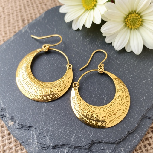 Серьги золотые в форме тонкого изящного полумесяца, полукруг как продолжение застежки, на полукруге надписи мантрами на санскрите