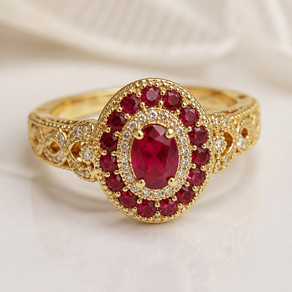 A estate women's ring made of gold with ruby stones suitable for wedding
photorealistic jewelry design, A estate women's ring made of gold with ruby stones suitable for wedding, estate style, just the design no text