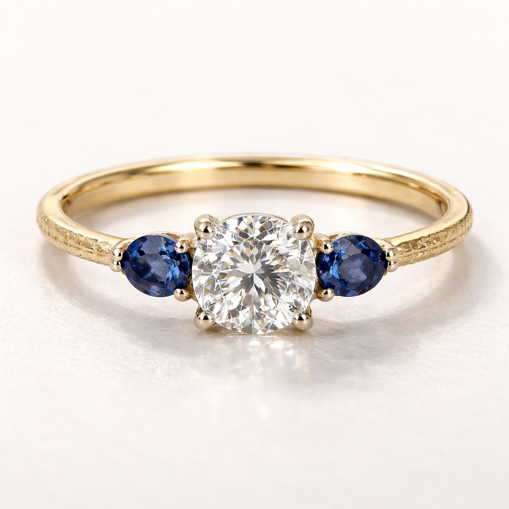 A women's ring. La Bague Idéale — "Lumière Silencieuse"
Forme & Structure
Un anneau fin en or jaune 18 carats, légèrement texturé sur les côtés pour capturer la lumière sans être criard. La largeur est discrète — environ 2 mm — pour rester élégante sur tous les types de mains.
La Pierre
Au centre, un diamant taille coussin d'environ 0,8 carat, serti en griffes délicates (4 griffes fines en platine). La taille coussin mêle la douceur du rond et le caractère du carré — elle brille différemment selon l'angle, comme une flamme qui change.
Les Détails
De chaque côté de la pierre principale, deux petits saphirs bleus profonds en taille ovale, discrets mais présents — comme deux gardiens. Leur bleu évoque la mer la nuit.
A women's ring. La Bague Idéale — "Lumière Silencieuse"
Forme & Structure
Un anneau fin en or jaune 18 carats, légèrement texturé sur les côtés pour capturer la lumière sans être criard. La largeur est discrète — environ 2 mm — pour rester élégante sur tous les types de mains.
La Pierre
Au centre, un diamant taille coussin d'environ 0,8 carat, serti en griffes délicates (4 griffes fines en platine). La taille coussin mêle la douceur du rond et le caractère du carré — elle brille différemment selon l'angle, comme une flamme qui change.
Les Détails
De chaque côté de la pierre principale, deux petits saphirs bleus profonds en taille ovale, discrets mais présents — comme deux gardiens. Leur bleu évoque la mer la nuit., modern style