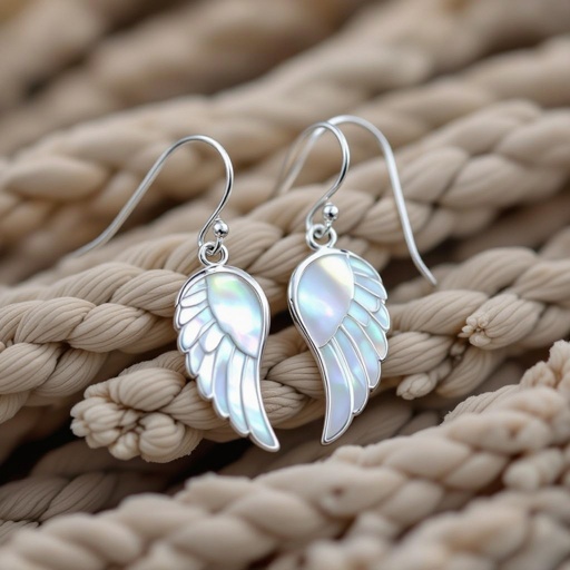 Серьги серебряные в виде белого крыла ангела из перламутра 