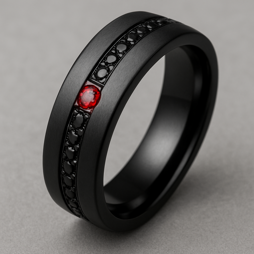 Men’s thick black wedding bank with black stones and two rubies